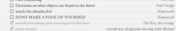 To-do list detail: 'Decisions on what objects are found in the forest', 'watch the zbrush3 dvd', 'DONT MAKE A FOOL OF YOURSELF' in small caps
