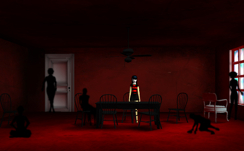 The Path's red room: girl in striped top standing on a dark table in a blood-red interior, black silhouette figures around the walls
