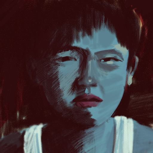 Thirty-minute digital portrait study: a scowling face lit blue from one side against dark red, white tank top roughed in