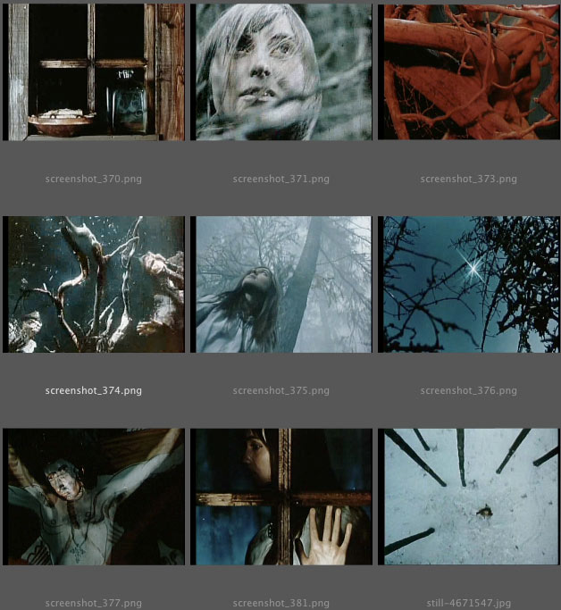 Nine screenshots from Shadows of Our Forgotten Ancestors: red branches, faces through windows, a bloodied man, a hand on a cross