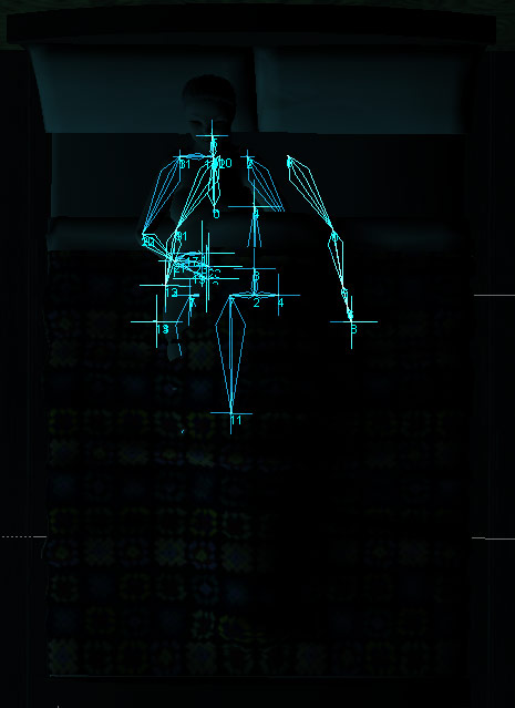 Cyan skeleton rig glowing over a barely-visible figure lying in a dark bed — animation bones for a sleeper