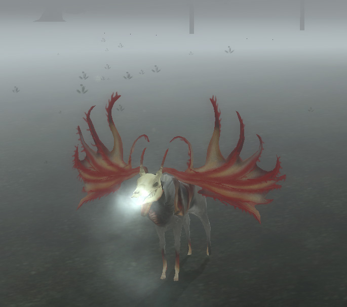 The Endless Forest deer with a glowing white skull face and huge branching red antlers like coral fins, standing in fog The Endless Forest deer with a glowing white skull face and huge branching red antlers like coral fins, standing in fog