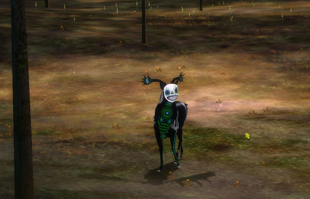 Endless Forest deer wearing the sugar-skull mask, black-bodied with glowing green skeleton markings, walking a sunlit clearing