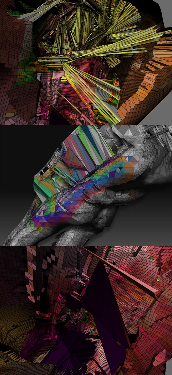Three glitched 3d renders: exploded polygon spikes in yellows, a rainbow-triangulated leg embedded in grey mesh, dark red faceted caverns Three glitched 3d renders: exploded polygon spikes in yellows, a rainbow-triangulated leg embedded in grey mesh, dark red faceted caverns