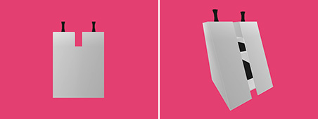 Two renders on hot pink: a flat grey slab with two black pegs, then the slab split open showing a black gap — Halloween minimalism