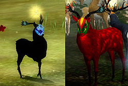 Two Endless Forest deer side by side: a black one with blue skull face and sparkler antlers, and a red one in a green luchador-style mask