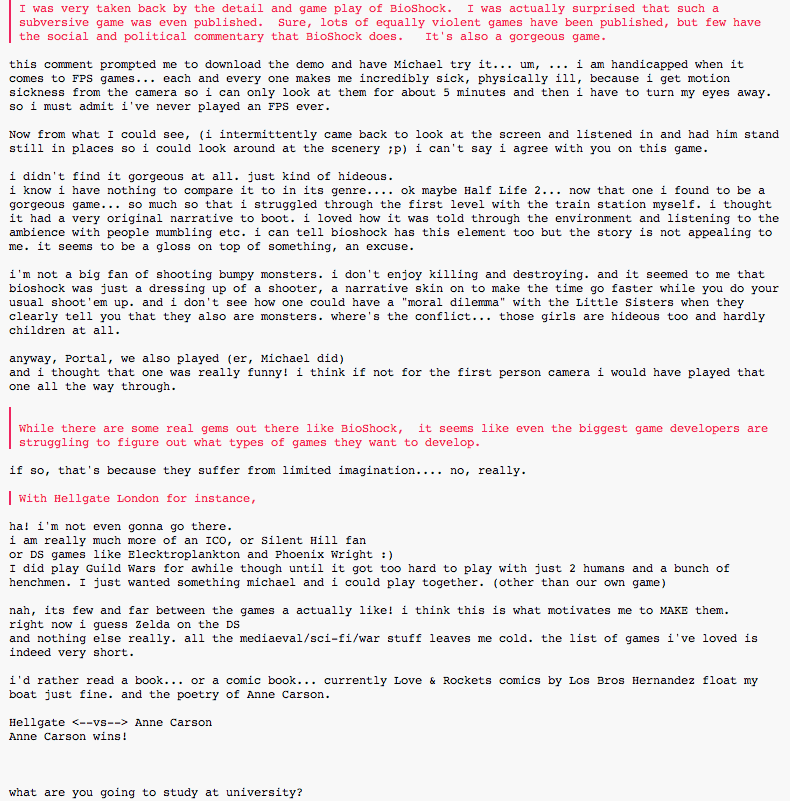 Long pink-and-black text conversation about BioShock: 'i didn't find it gorgeous at all... Hellgate <--vs--> Anne Carson. Anne Carson wins!'