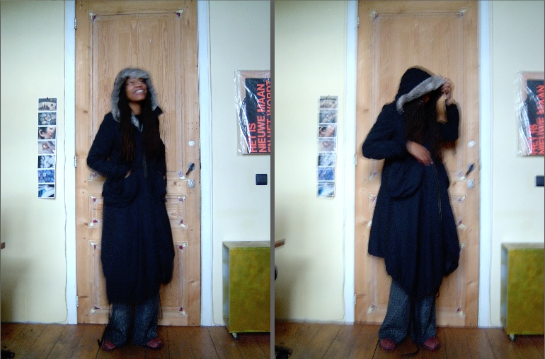 Diptych by the wooden door: grinning in a fur-trimmed hooded coat, then hiding — pulling the hood down over her face Diptych by the wooden door: grinning in a fur-trimmed hooded coat, then hiding — pulling the hood down over her face