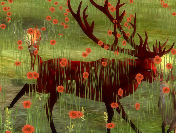 A blood-red stag with towering antlers walking through tall grass and poppies — Tale of Tales anniversary card image