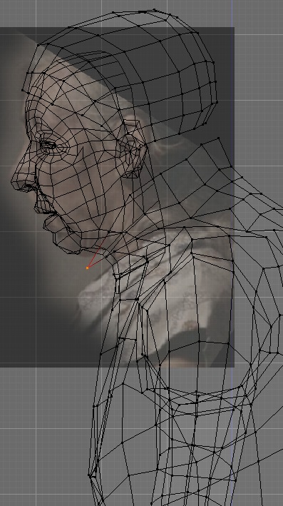 Blender wireframe of the old woman's head in profile over her reference photograph — retopology of the grandmother