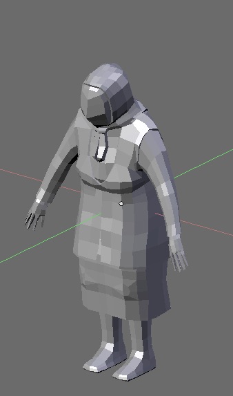 Low-poly grey 3d model of a hunched old woman in a headscarf and long skirt — The Graveyard's grandmother, untextured