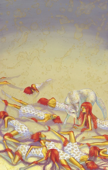 Painting of a white wolf nosing through a field of collapsed red-haired girls in polka-dot dresses — a Path-like Red Riding Hood massacre in candy colors