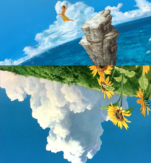 Two frames from Ghibli's A Country Doctor–style animation: a boy leaping off a sea cliff, and sunflowers hanging over towering clouds, upside down