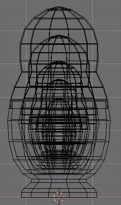 Blender wireframe of nested matryoshka dolls, four egg-bodies one inside another in orthographic view