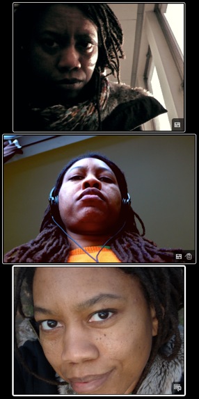 Three webcam self-portraits stacked: glowering by a window in a scarf, headphones on looking down, and a close smiling face
