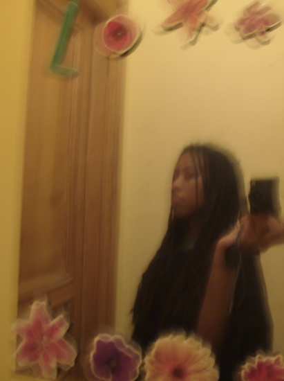 Blurry mirror selfie in an ochre bathroom, flower decals on the glass and a green L on the wall, camera in hand
