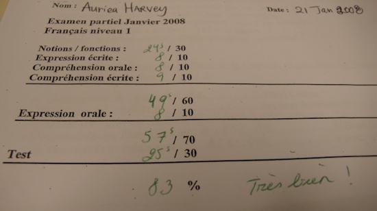 French exam paper, January 2008, name Auriea Harvey: 83% total with 'Très bien!' in green ink