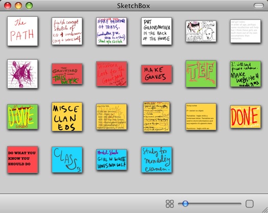 SketchBox app full of virtual sticky notes: THE PATH, 'make paintings of triads', 'PUT GRANDMOTHER IN THE BACK OF THE HOUSE', MAKE GRAVES, two red DONEs