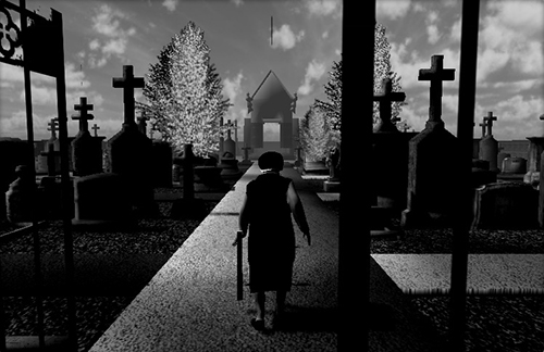 The Graveyard in black and white: the old woman with her cane walking the central path between crosses toward the chapel