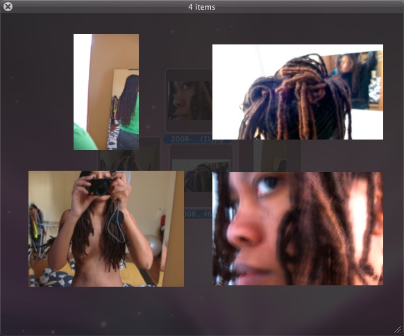 Photo-viewer collage of four self-portraits documenting dreadlocks: from behind, piled up close, topless holding the camera, and in profile