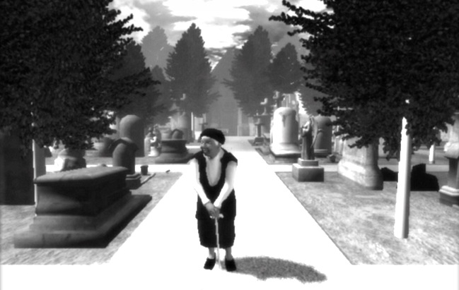 The Graveyard: the old woman leaning on her cane at a fork in the white path, tombs and dark trees pressing in, black and white