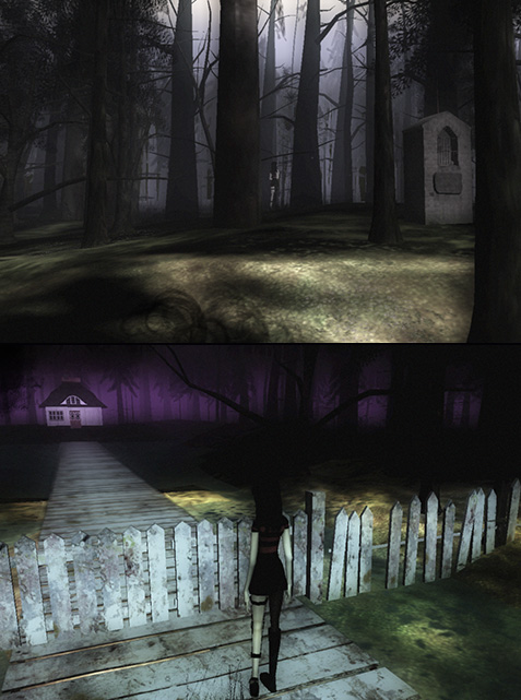 Two Path scenes: the misty forest with the small white shrine among trunks, and the girl at a picket fence gate before the house glowing purple