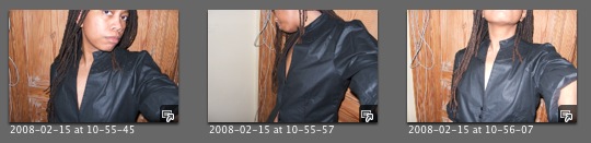 Three webcam frames trying on a black high-collared jacket in front of wood panelling, timestamped 2008-02-15