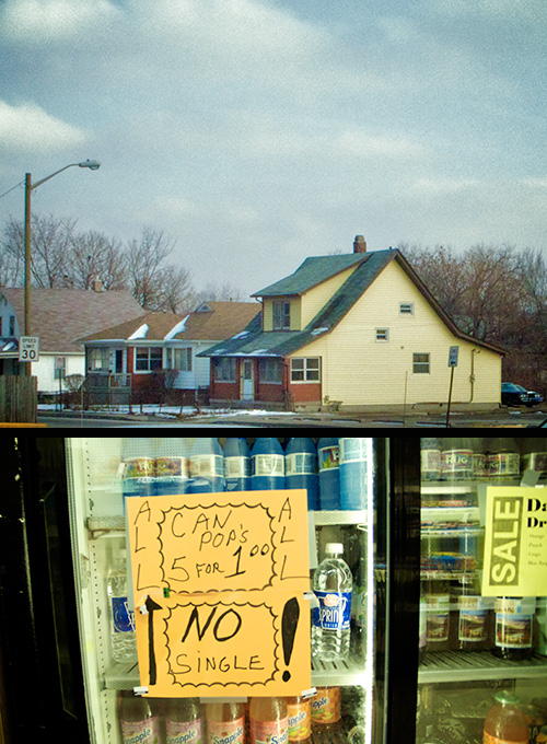 Indianapolis diptych: pastel wooden houses under a winter sky, and a corner-store cooler with a hand-drawn sign 'ALL CAN POP'S 5 for 1.00 — NO SINGLE!'