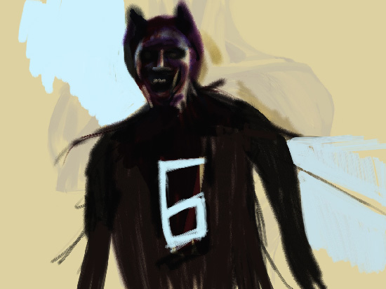 Rough digital sketch: a grinning bat-eared demon figure in a dark coat with a large white 6 painted on its chest, on tan ground