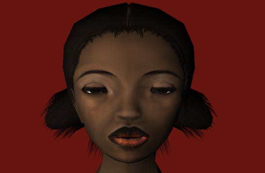 3d bust of a girl with pigtail buns and heavy-lidded eyes, downcast on a deep red ground — The Path's Ruby, early head