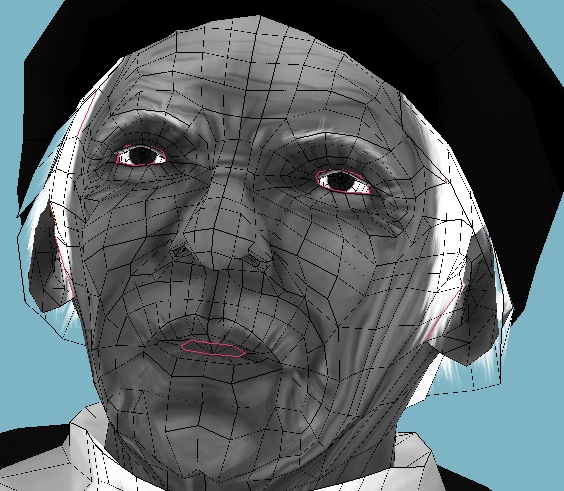 The Graveyard grandmother's face in wireframe over textured skin, black beret, on flat sky blue