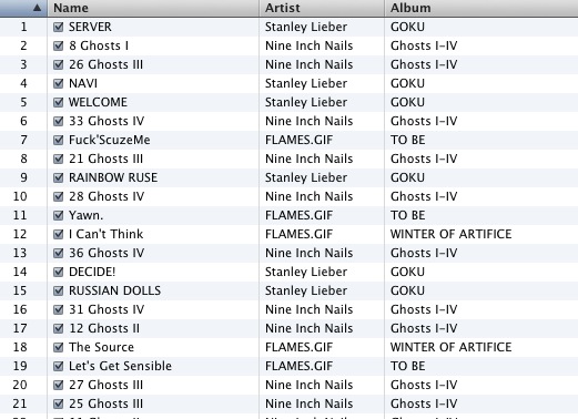 Playlist mixing Stanley Lieber's GOKU tracks with Nine Inch Nails Ghosts I–IV and FLAMES.GIF songs