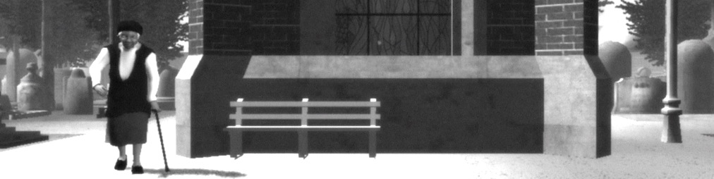 The Graveyard, wide crop: the old woman with her cane passing the chapel bench, urn-topped monuments pale behind her