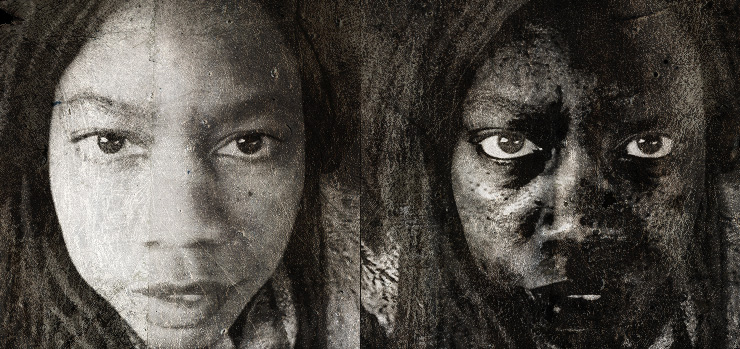 Two gritty scratched-negative self-portraits side by side: one pale and open, one dark with burning white eyes