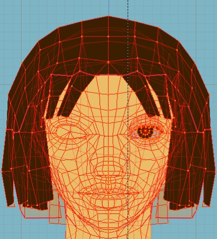 Wings3D-style wireframe of a bob-haired girl's head, red mesh lines over flat tan and brown, one eye textured