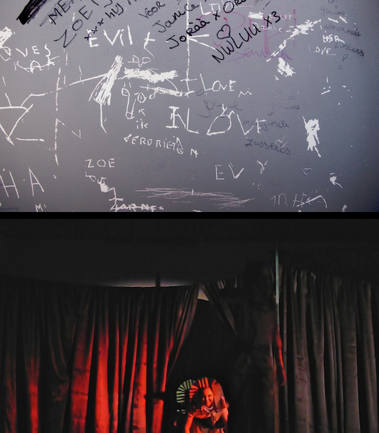 Two photos: a wall scratched full of names and 'I LOVE' graffiti, and a red-lit stage with a small grinning performer between heavy curtains