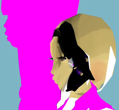 Flat-shaded render: girl's head in profile in a black bonnet against sky blue, a hot magenta silhouette facing her