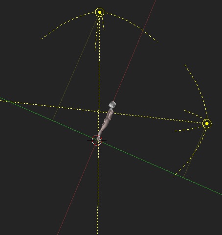 Blender top view: a small posed figure at the crossing of yellow dashed constraint circles and axis lines — camera rig geometry