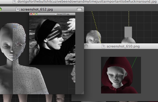 Desktop with 3d girl half-wireframed beside a photo of a blindfolded woman, and a hooded red-cloaked model in a second window; a filename rants across the top