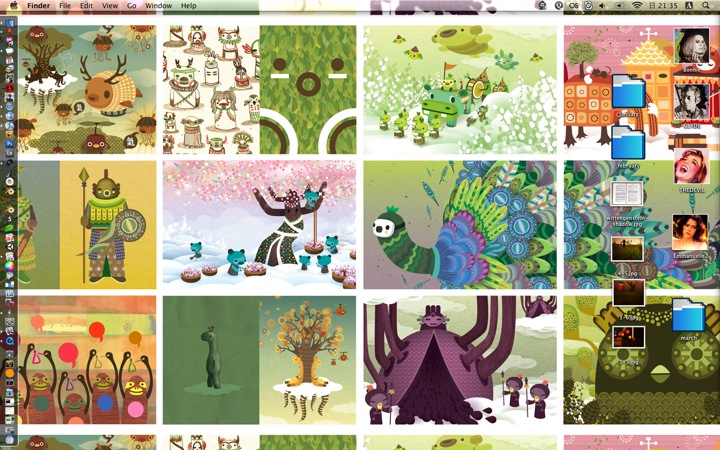 Desktop wallpaper grid of cute forest-creature illustrations in greens and plums — deer, mushroom folk, a peacock — with Mac folders scattered over it