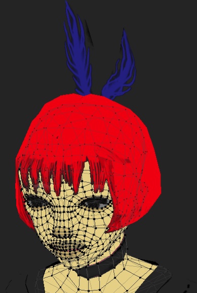The bunny-eared girl textured: red bob wig and blue flame-like ears over a wireframed cream face — Path girl in progress