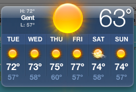 Mac weather widget for Gent: 63° now, a sunny week ahead, 72–77° Tuesday through Sunday