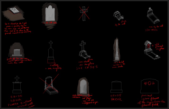 Design sheet of fifteen gravestone sketches on black with red annotations — 'taller + on angles', 'SHE CRIES', 'ERODE BREAK' — planning The Graveyard's tombs