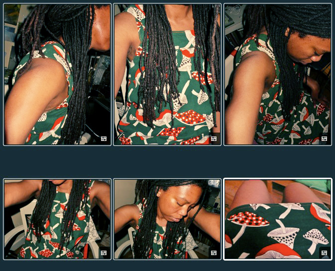 Six flash self-portraits in a green dress printed with red-capped mushrooms, dreadlocks loose, photographed from odd angles