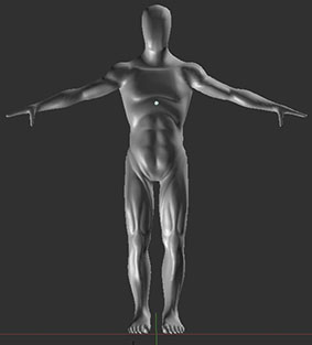 Smooth grey 3d male body in A-pose, faceless, feet on the green ground line