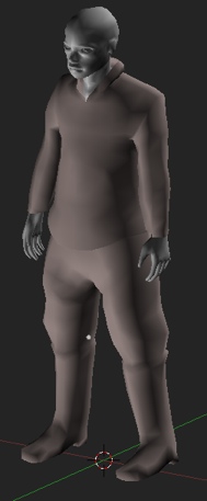 Untextured brown 3d man in a hooded jacket standing at rest in the Blender viewport — 144 character work