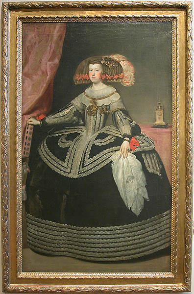 Velázquez's Queen Mariana in the Met's gold frame: black court dress with silver trim, red rosettes, a white handkerchief in hand