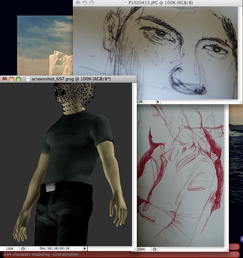 Work desktop: ballpoint sketches of a man's eyes, a red-ink figure drawing, and a 3d man with a dotted wireframe mask — '144 character modeling - Grandmother' in the dock