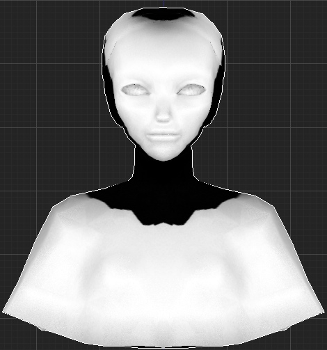 Ghost-white ambient-occlusion bake of a girl's bust, blank eyes, floating over black shoulders