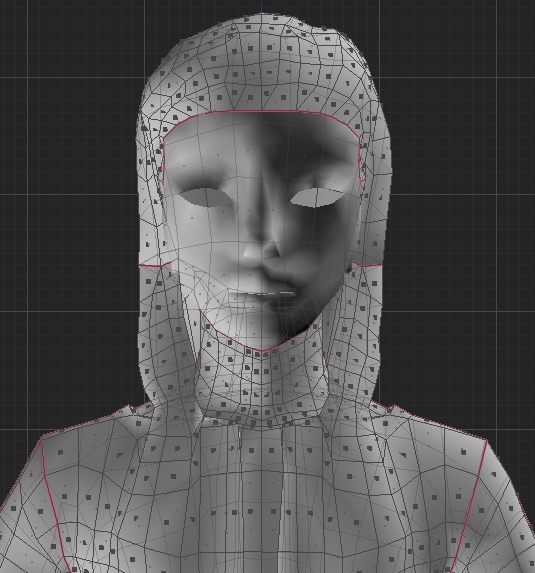 Wireframed hooded girl in the viewport, face smooth inside the mesh hood, red seam lines around the face